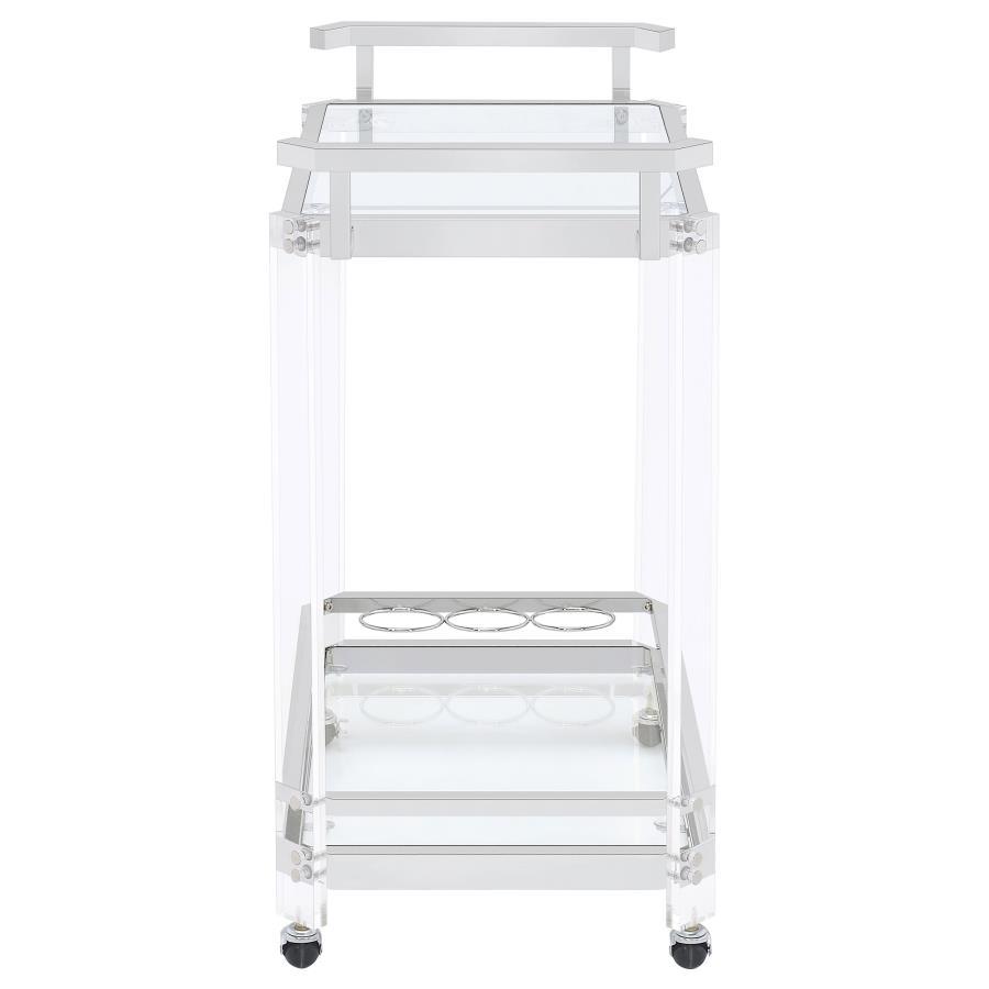 Jefferson 2-Tier Glass Shelf Acrylic Bar Cart – Chrome Finish with Wine Bottle Holder, Stemware Rack & Wheels for Modern Entertaining