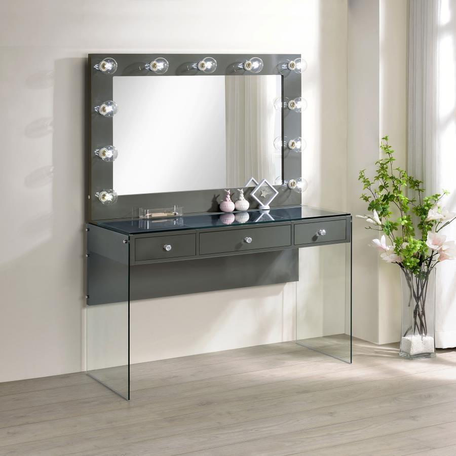 Afshan 3-Drawer Vanity Set With Lighting – Gray High Gloss, Modern Floating Makeup Desk, Tempered Glass Accents, Retro Globe Bulb Mirror
