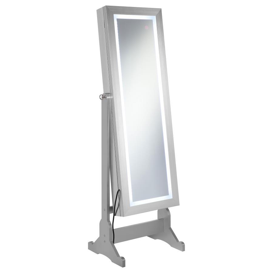 Moore Cheval Mirror with Jewelry Storage – Floor-Length Silver Standing Mirror with LED Lighting, Adjustable Swivel, and Hidden Jewelry Organizer for Bedroom