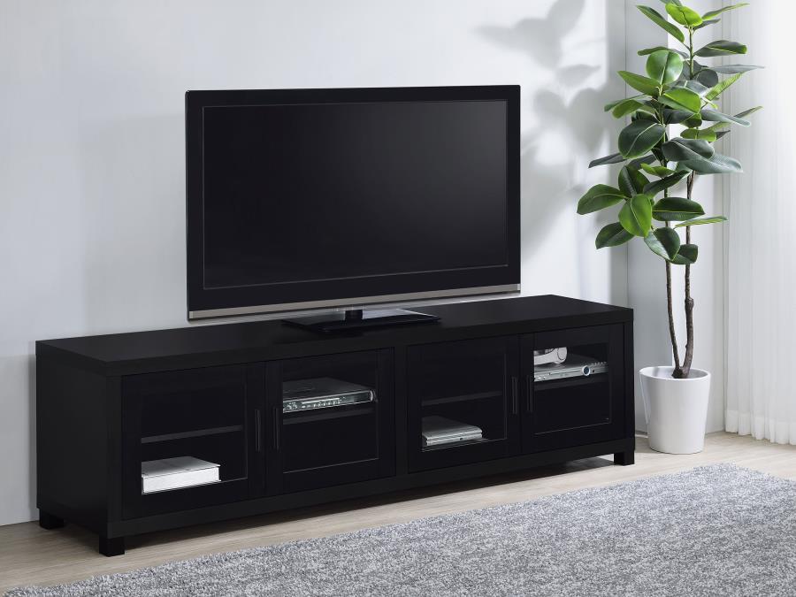Jupiter 4-Door Engineered Wood TV Stand – Black, Modern Media Console with Adjustable Shelves for Living Room Entertainment