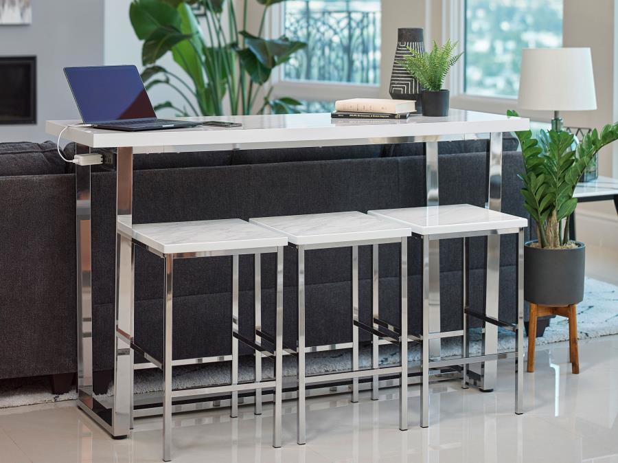 Marmot 4-Piece Rectangular Counter Height Table Set – Chrome Frame with White Faux Marble Top and Three Matching Stools for Modern Dining & Kitchen