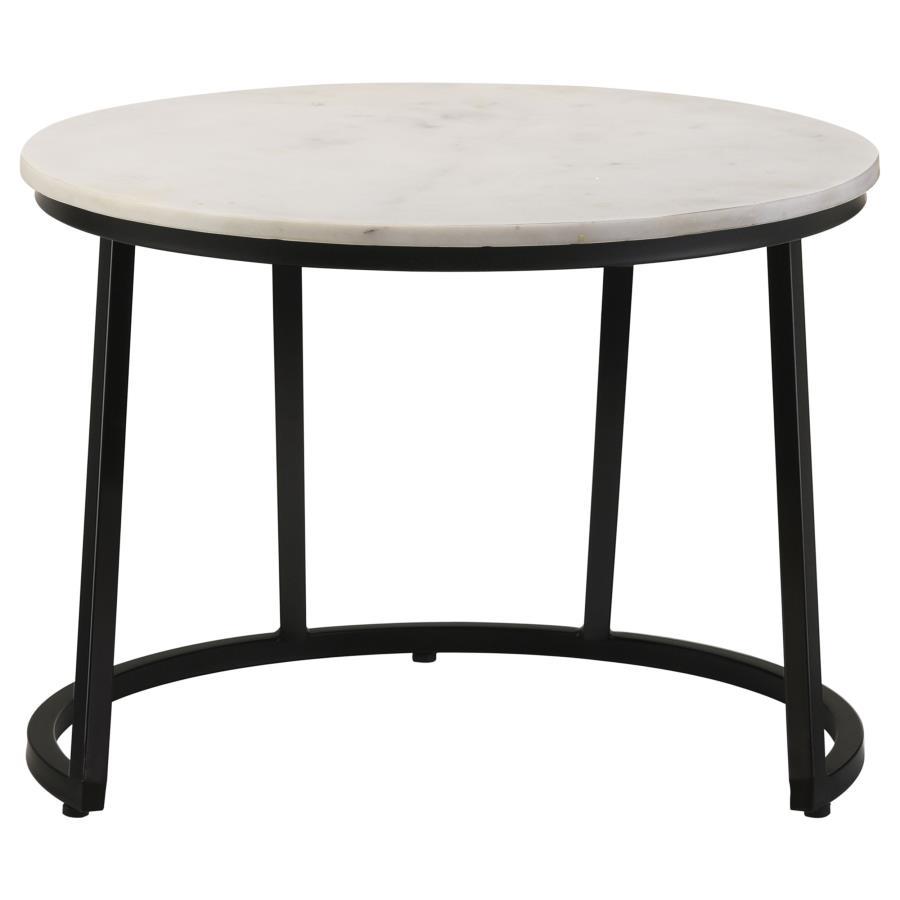 Miguel Round White Marble Top Coffee Table with Black Metal C-Shape Base, Modern Geometric Accent Cocktail Table for Living Room or Lounge