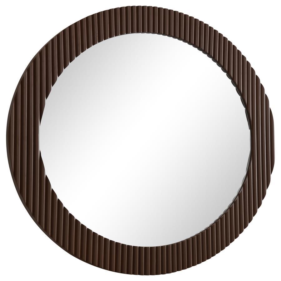 Dexter Round Reeding Frame Wall Mirror – Brown with Textured MDF Frame, Modern Industrial Design, Perfect for Living Room, Entryway, or Mantel