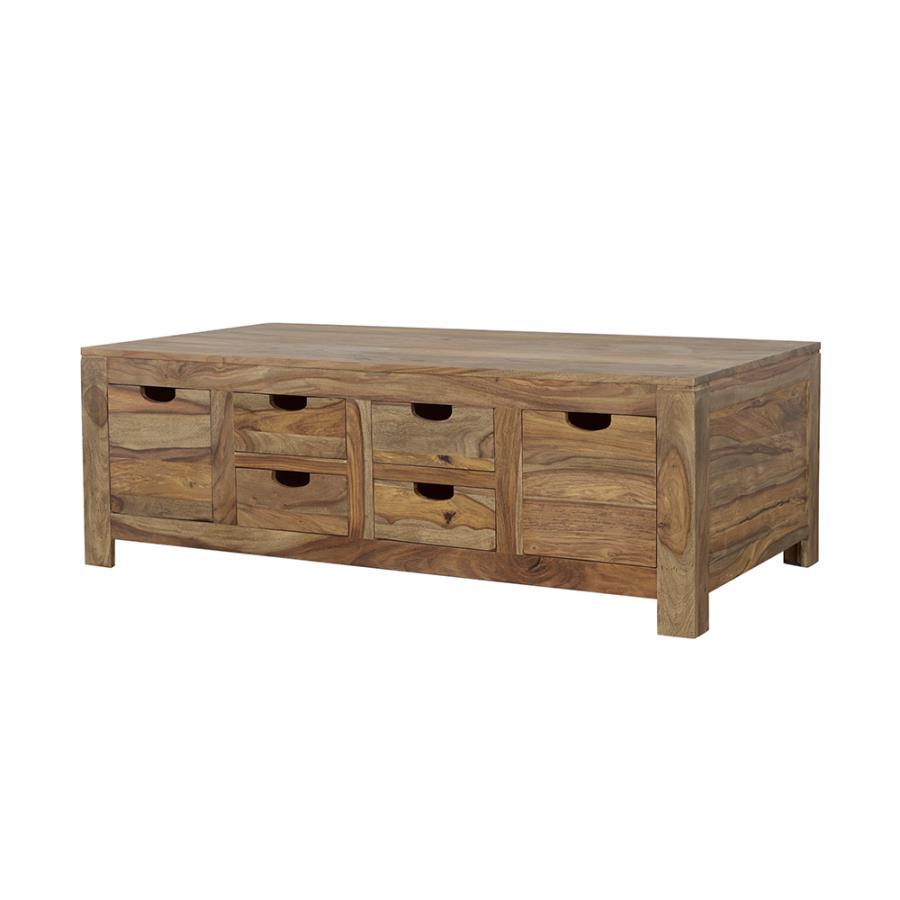 Esther - 6-Drawer Solid Wood Coffee Table – Natural Finish, Handcrafted Sheesham Wood with Ample Storage & Rustic Appeal