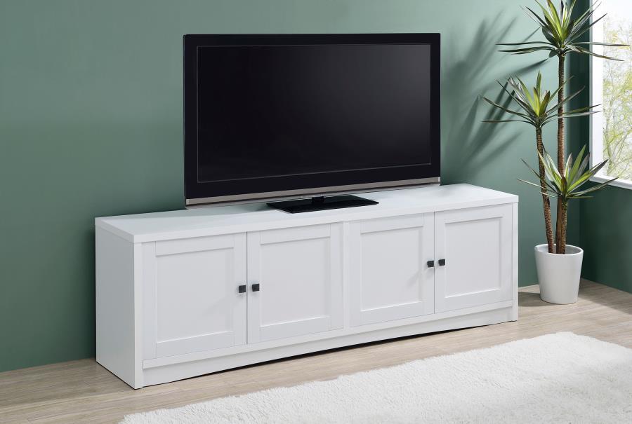 Laughlin 4-Door Engineered Wood TV Stand – White Finish, Modern Entertainment Console, Adjustable Shelves, Cord Management, Media Storage for 85" TVs