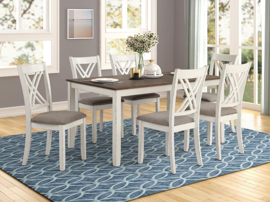 Fortress 7-Piece Rectangular Dining Set in Vintage Vanilla – Farmhouse Table with Chestnut Top & Six Cushioned Double-Cross Back Side Chairs