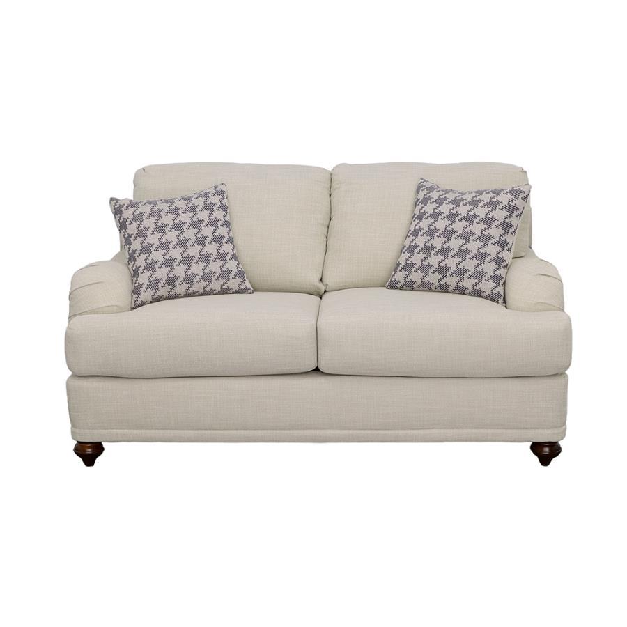 Glenn - Upholstered English Arm Loveseat – Light Gray and Blue with Reversible T-Cushions, Espresso Turned Legs & Houndstooth Accent Pillows