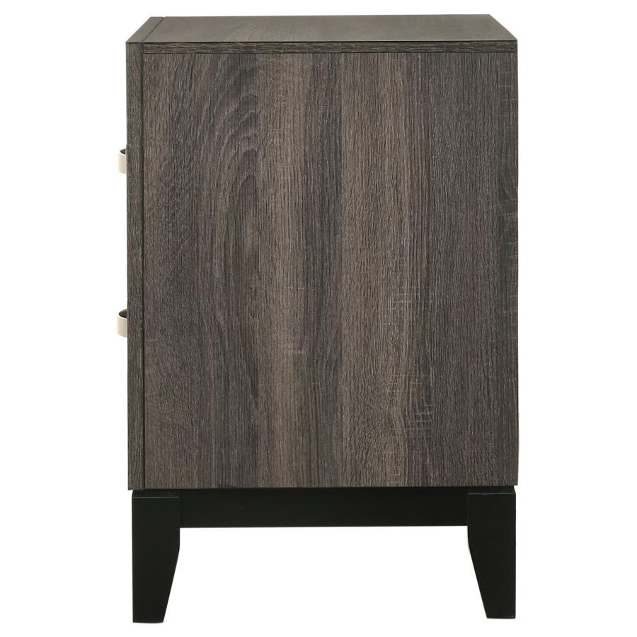 Watson 2-Drawer Nightstand in Gray Oak – Mid-Century Modern Design with Black Tapered Legs, Half-Moon Pulls & Contemporary Color Blocking