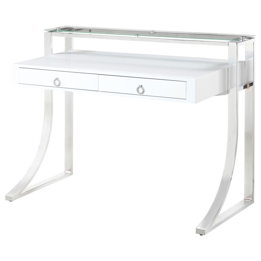 Gemma 2-Drawer Writing Desk – Contemporary White High Gloss Surface with Chrome Legs, Felt-Lined Drawers, Full Extension Glides, Home Office Desk