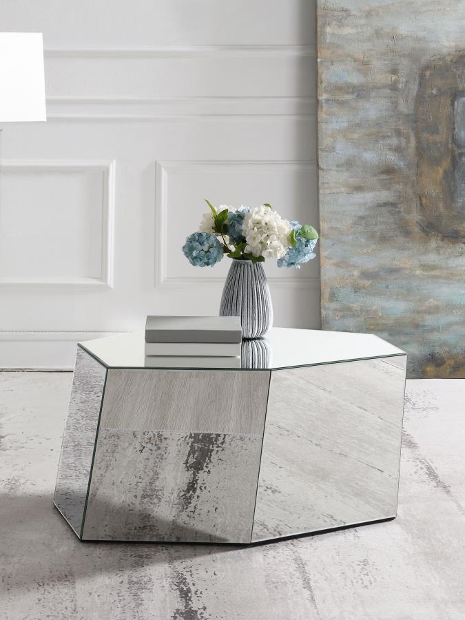 Capella Mirrored Abstract Geometric Coffee Table – Silver Hexagonal Accent Table with Contemporary Design for Modern Living Room Glam