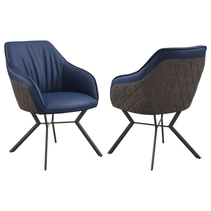 Mayer Upholstered Dining Arm Chair Set of 2 – Blue Leatherette & Brown Back, Diamond-Quilted, Sloped Arms, Gunmetal Legs, 32.34 lb