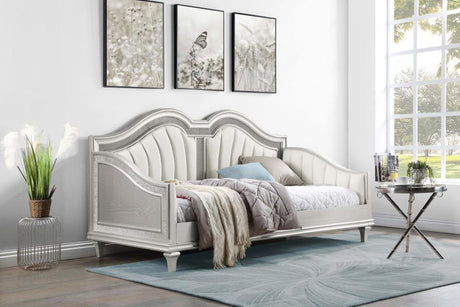 Evangeline Upholstered Twin Daybed – Silver Oak, Elegant Curved Design with Faux Diamond Trim, Guest Bed, Small Space Friendly, Luxurious Style