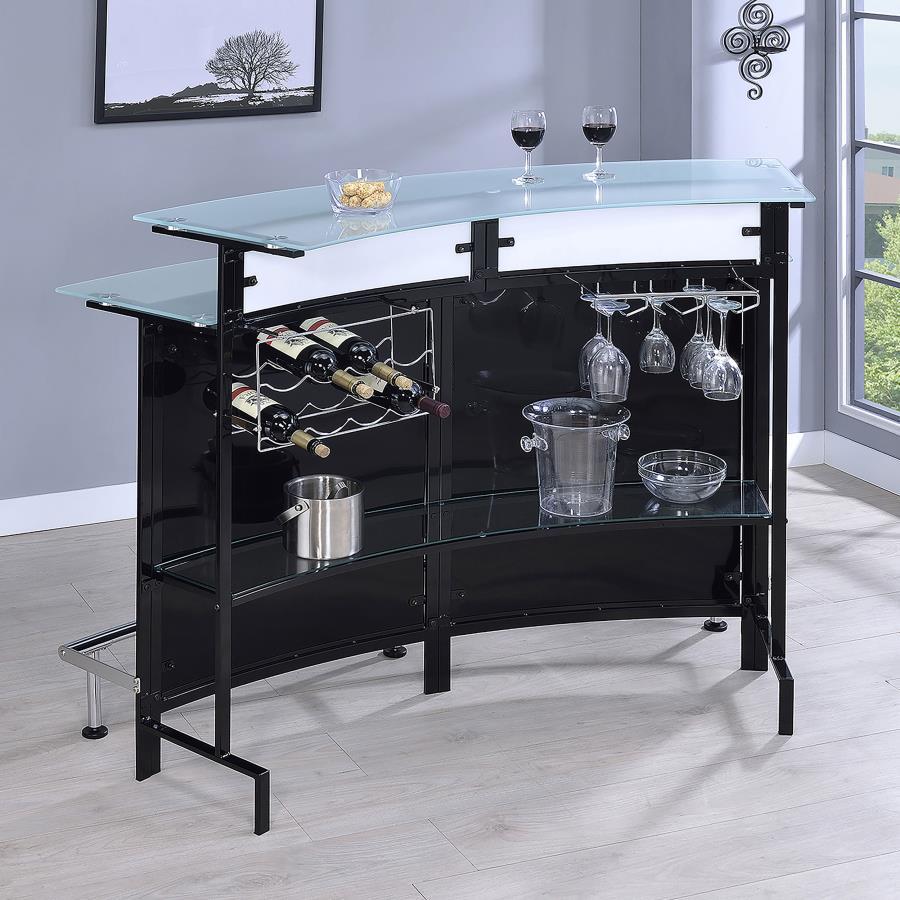 Keystone Curved Glass Top Home Bar Wine Cabinet in Black – Modern Chrome Accents, Dual-Tier Glass Shelves & Metal Footrest for Entertaining