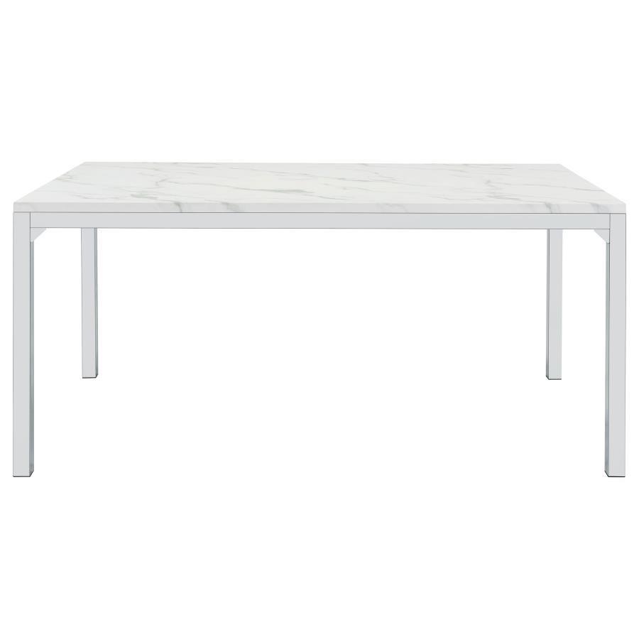Athena Rectangular Faux Marble Dining Table with Chrome Metal Base, Contemporary Modern Design, Spacious Surface, Durable and Elegant for Dining Rooms