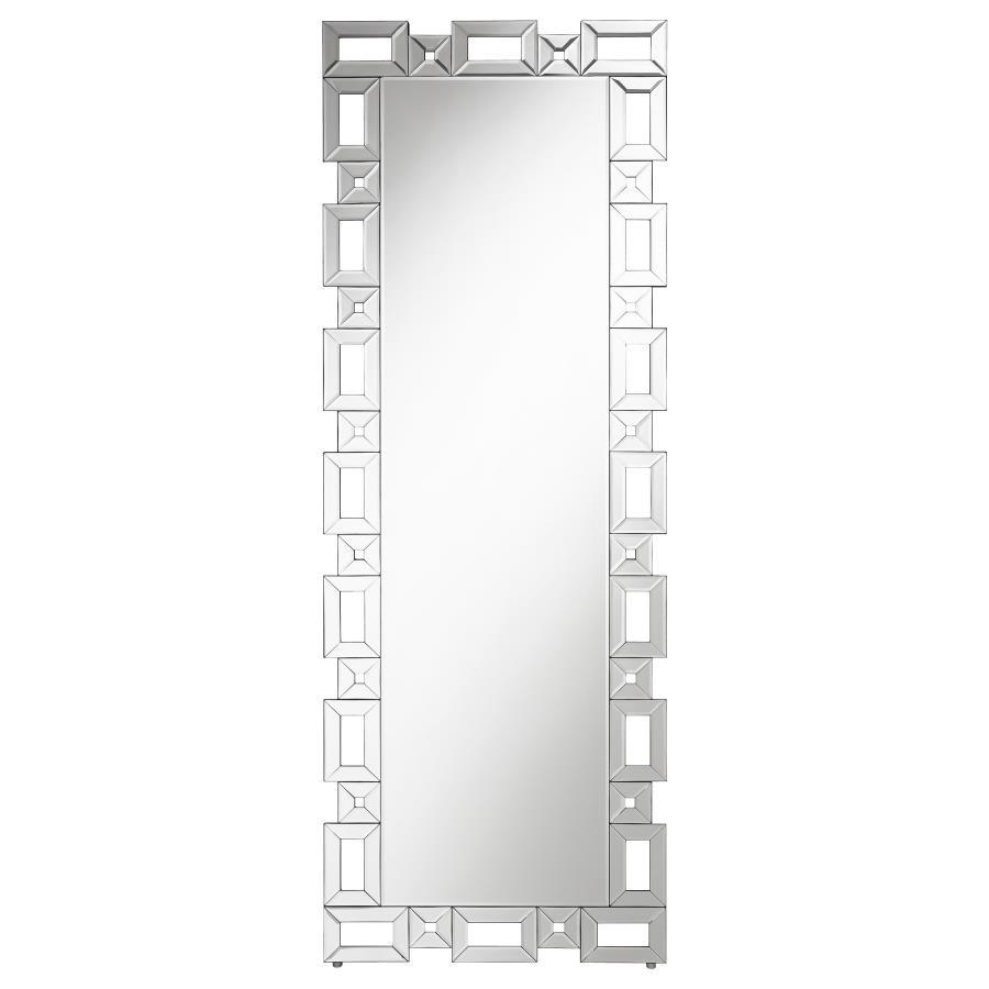 Tavin Geometric Frame Cheval Standing Mirror in Silver – Modern Glam Full-Length Mirror with Greek Key-Inspired Design for Bedroom & Dressing Area