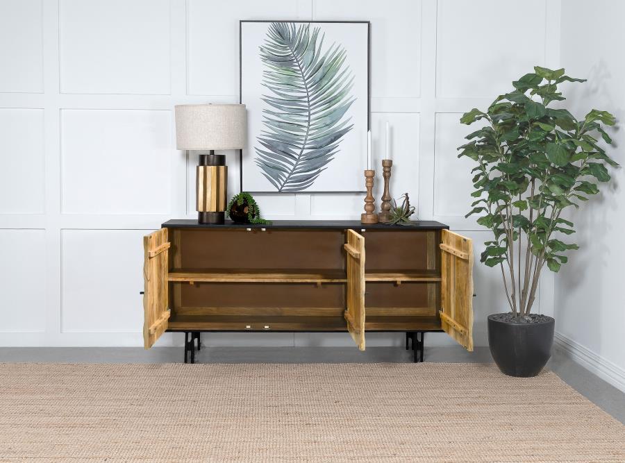 Aminah 3-Door Wood Accent Cabinet – Natural Mango Wood with Black Finish, 3D Tile Carved Doors, Modern Storage Cabinet for Living Room & Bedroom