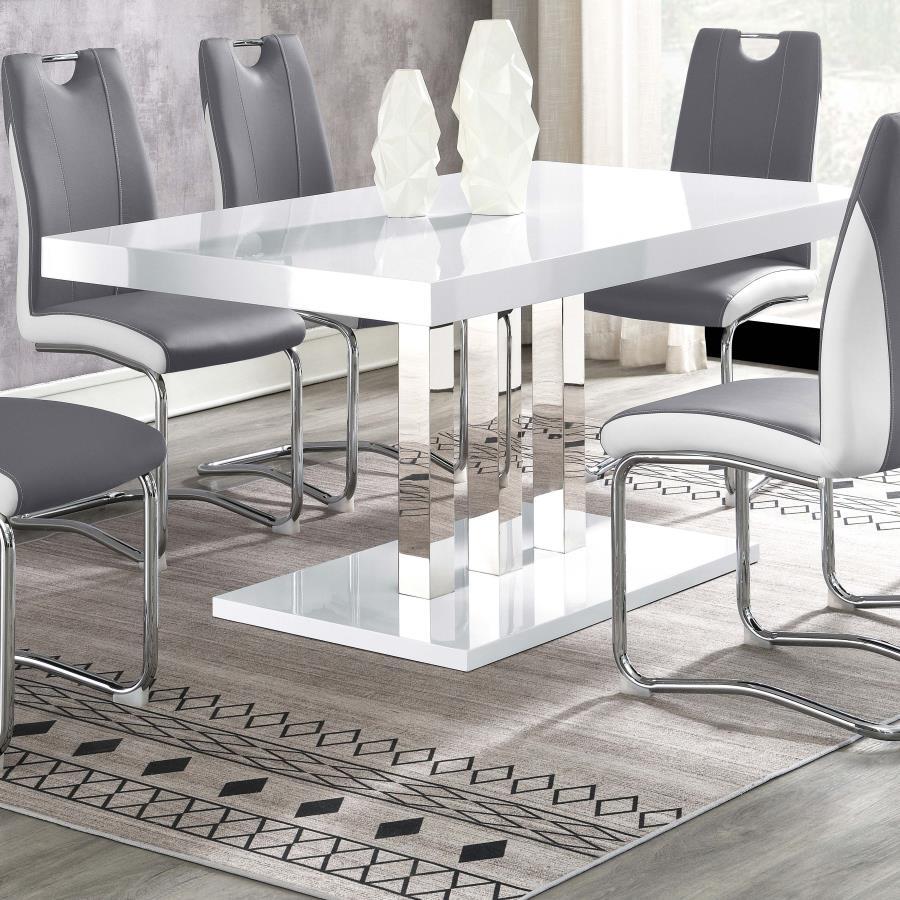 Brooklyn Rectangular Dining Table Set – White High Gloss Finish, Chrome Pedestal Base, Cantilever Chairs, Modern Contemporary Five-Piece Dining