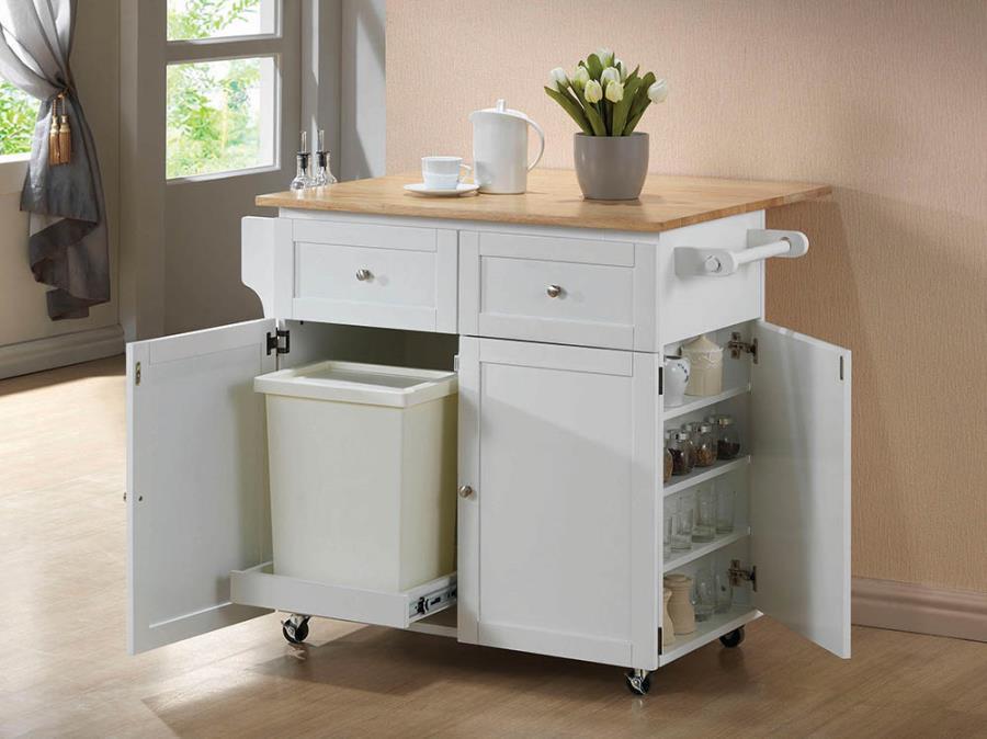 Jalen 3-Door Mobile Kitchen Cart with Butcher Block Top, Towel and Spice Racks, Storage Cabinet, and Casters – Natural Brown and White