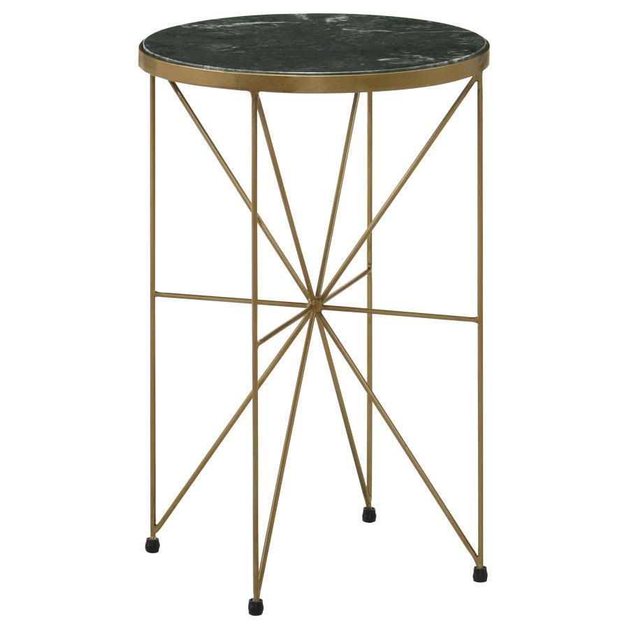 Eliska Round Green Marble Top Accent Side Table with Antique Gold Metal Frame, Slim Geometric Base, Glam Contemporary Living Room Décor