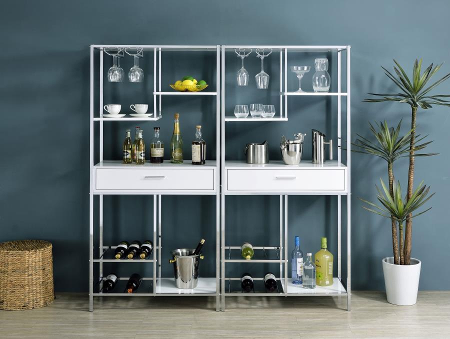 Figueroa 5-Shelf Wine Storage Bar Cabinet – White High Gloss Modern Home Bar with LED Lighting, Pull-Out Drawer, and Stemware Racks