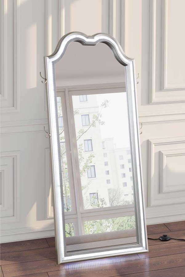 Evangeline Full Length LED Light Floor Mirror in Silver Oak – Contemporary Arch Top Design with Ambient Lighting for Bedroom or Dressing Area