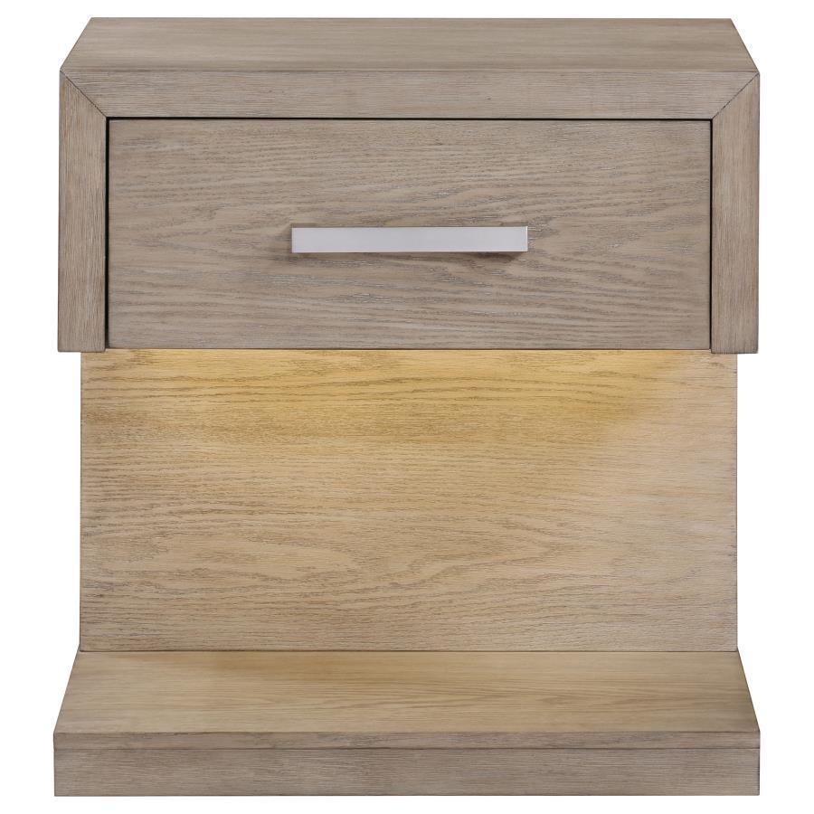 Kenora 1-Drawer Nightstand Bedside Table in Barley Brown – Modern LED Accent Lighting, Open Shelf for Books & Stylish Bedroom Storage