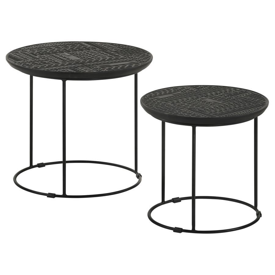 Loannis 2-Piece Round Mango Wood Nesting Tables – Matte Black Metal Base, Tribal Embossed Tabletops, Space-Saving Rustic Modern Accent Set