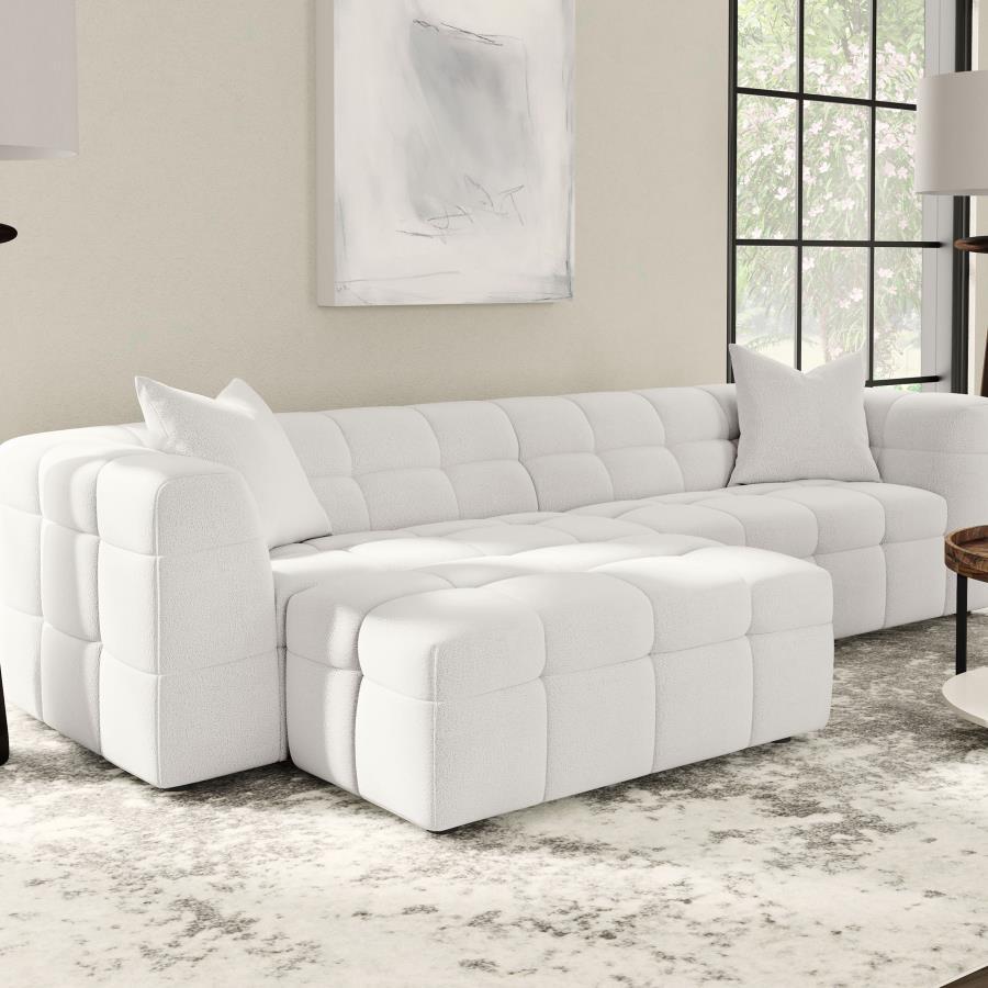 Everly Boucle Upholstered Rectangular Ottoman in White – Modern Plush Accent Furniture for Living Room, Extra Seating, Footrest & Lounging Comfort
