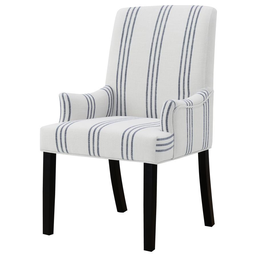 Herran Upholstered Arm Chair – Beige Linen-Like Fabric with Blue Stripes, Padded Seat & Arms, Asian Hardwood Frame for Modern, Farmhouse & Transitional Dining