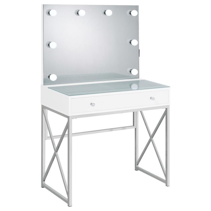 Eliza Vanity Set with Lighting & Stool in White and Chrome – Modern Makeup Table with Lighted Mirror, Large Drawer & Padded Stool for Bedroom