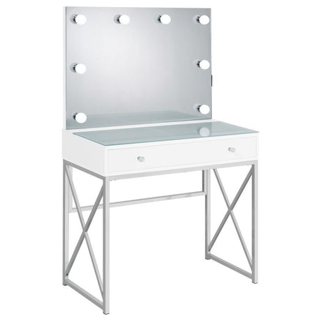 Eliza Vanity Set with Lighting & Stool in White and Chrome – Modern Makeup Table with Lighted Mirror, Large Drawer & Padded Stool for Bedroom