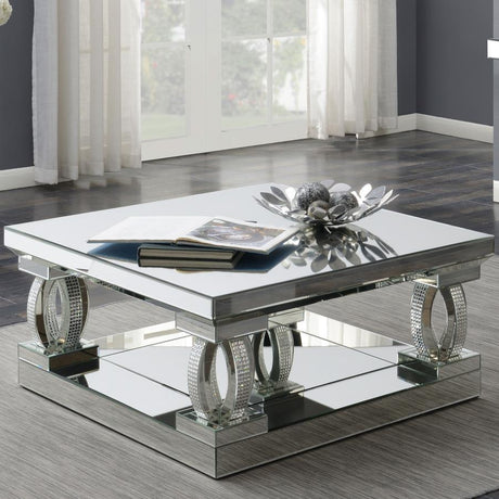 Amalia Square Mirrored Acrylic Crystal Coffee Table in Silver – Glamorous 40-Inch Modern Centerpiece with Sculptural Base