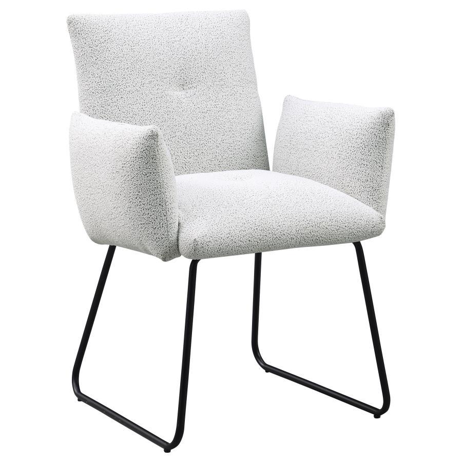 Ackland Upholstered Dining Side Chair Set of 2 – Light Gray Fabric, Powder-Coated Black Metal Sled Base, Modern Minimalist Dining Seating