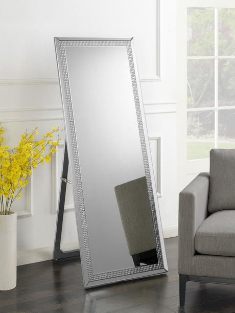 Giddish Full Length Standing Floor Mirror with Silver Frame, Crystal Inlay Trim & Easel Back – Modern Glam Rectangular Cheval Design