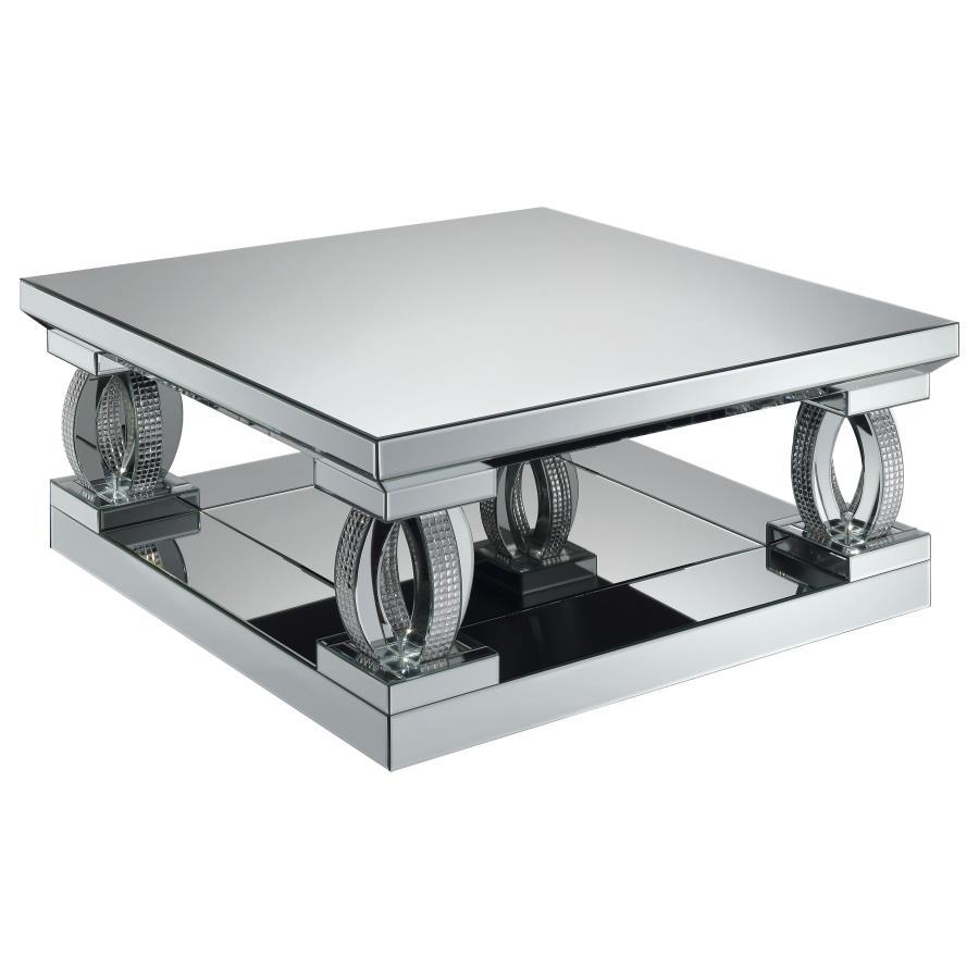 Amalia Square Mirrored Acrylic Crystal Coffee Table in Silver – Glamorous 40-Inch Modern Centerpiece with Sculptural Base