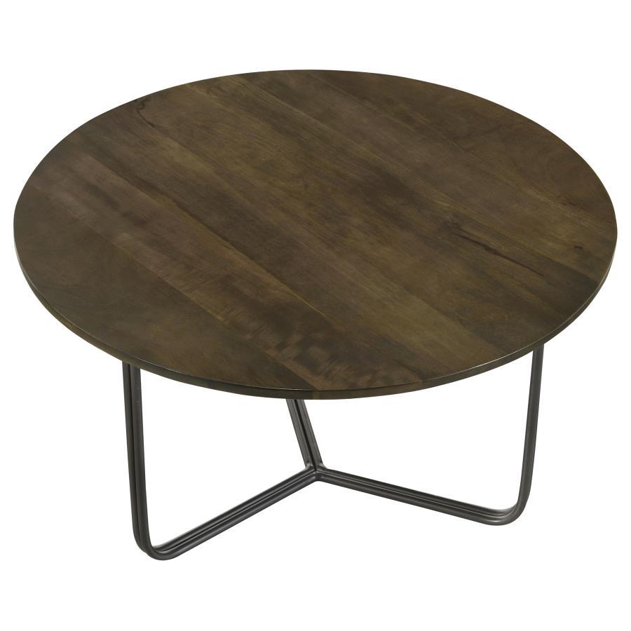 Yaritza Round Mango Wood Coffee Table – Natural Finish Top with Gunmetal Iron Tripod Base – Eco-Friendly Modern Industrial Accent