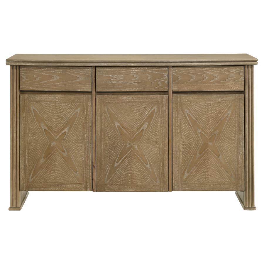 Adina 2-Door Sideboard Server – Distressed Light Brown Oak Veneer Storage Cabinet with Vertical Reeding Panels & Adjustable Shelves