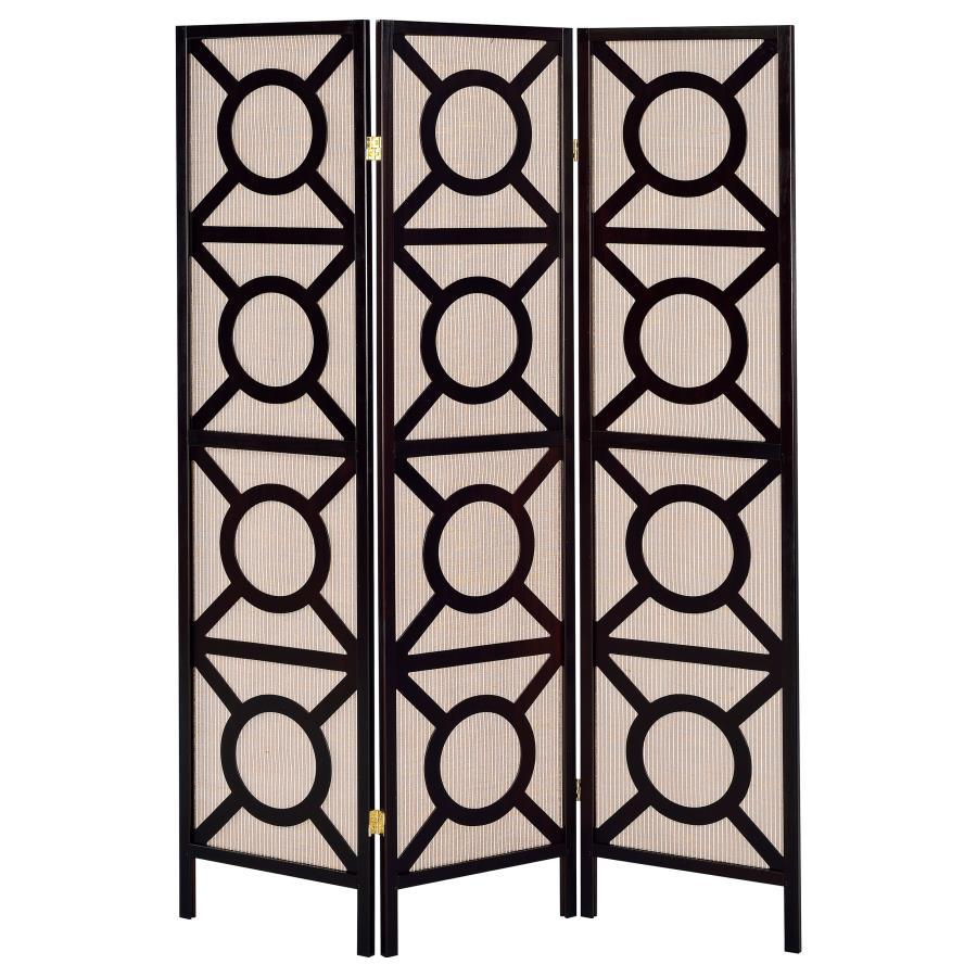 Vulcan 3-Panel Folding Room Divider Shoji Screen with Geometric Cutout Design – Cappuccino and Tan Decorative Privacy Screen for Home or Office