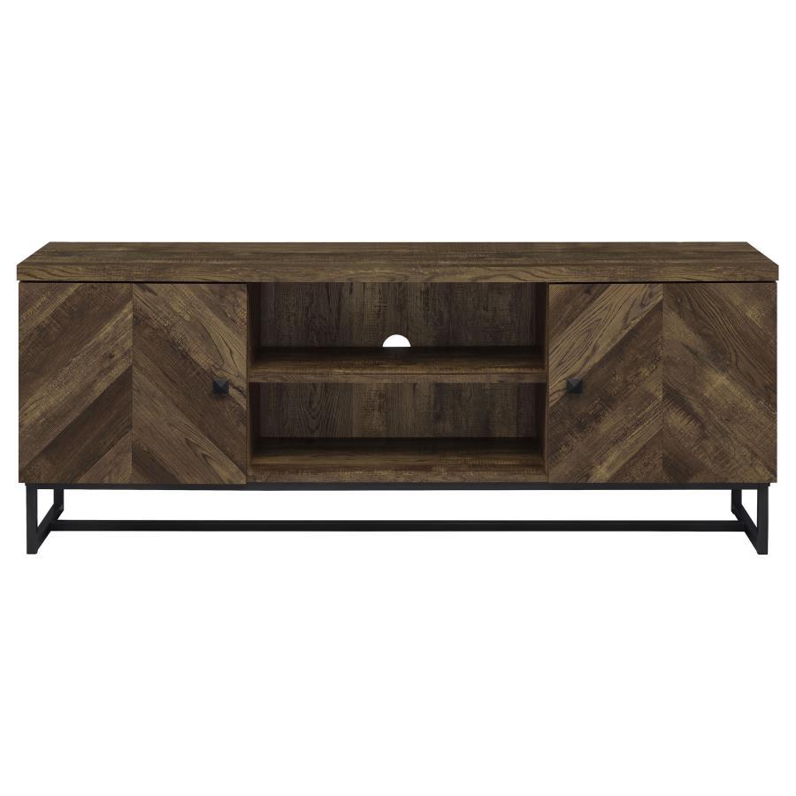 Myles 2-Door Engineered Wood TV Stand – Rustic Oak Finish with Herringbone Doors, Metal Base, Open Shelves & Adjustable Storage for Electronics