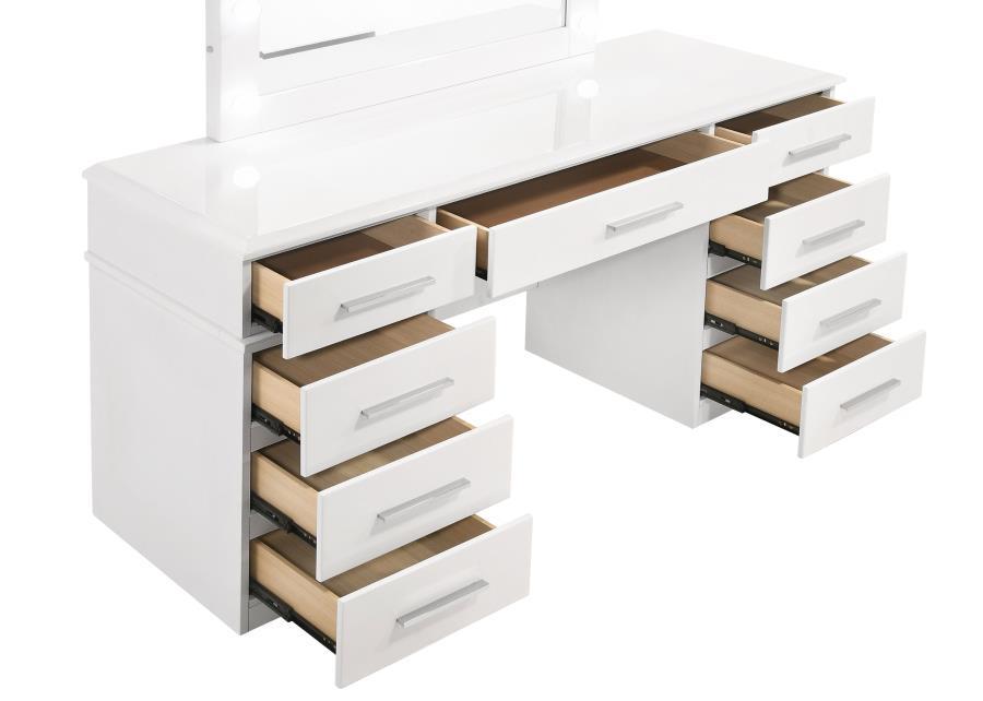 Felicity Upholstered Vanity Stool – Glossy White Finish with Metallic Accents, Cushioned Faux Leather Seat, Tapered Legs for Stability and Style