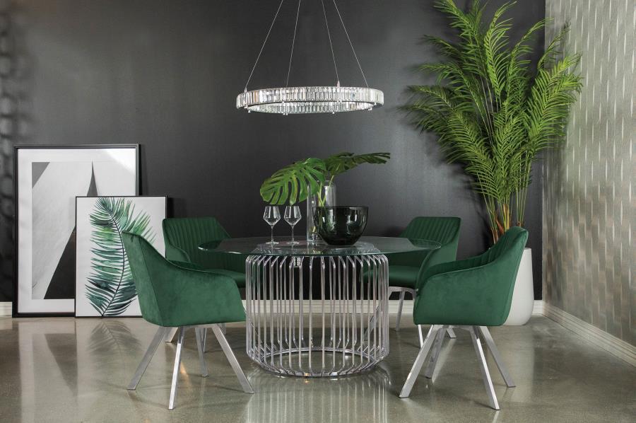 Veena 5 Piece Round Dining Table Set – 60" Clear Tempered Glass Top with Chrome Metal Base, Includes 4 Green Velvet Swivel Chairs, Art Deco Style