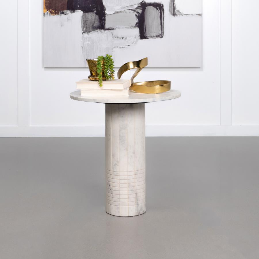 Astoria Round Genuine Marble Side End Table – Elegant White Marble Top with Fluted Pedestal Base, Neoclassical Accent Table for Modern Interiors0