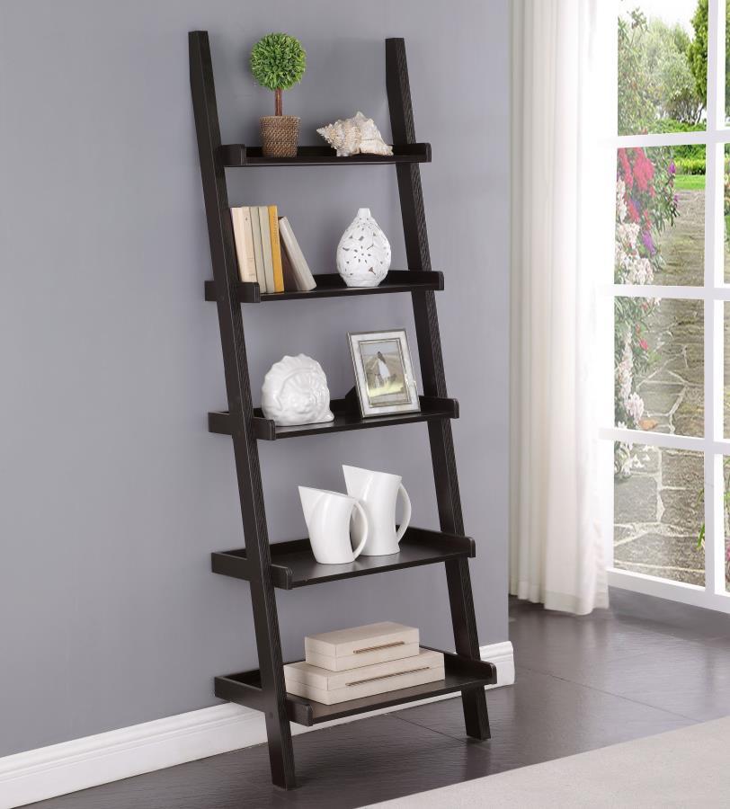 Colella 5-Shelf Ladder Bookshelf – Modern Space-Saving Bookcase, Display Shelves for Home or Office, Contemporary Cappuccino Wood Storage Ladder