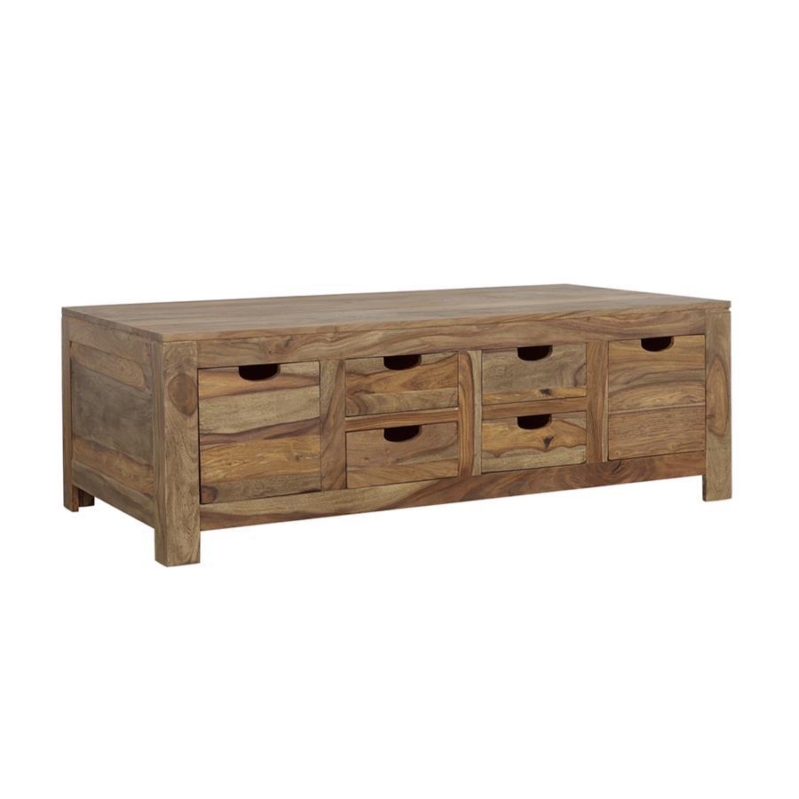 Esther - 6-Drawer Solid Wood Coffee Table – Natural Finish, Handcrafted Sheesham Wood with Ample Storage & Rustic Appeal