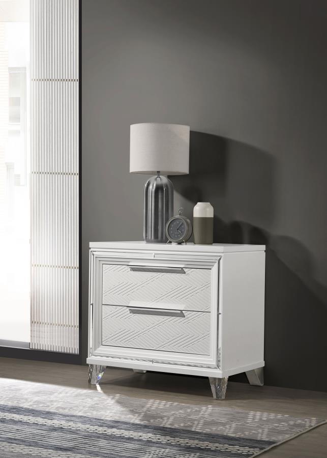 Marmore 2-Drawer Nightstand Bedside Table in White – Modern Italian Design with Mirrored Accents, Polished Chrome Hardware & Cord Management
