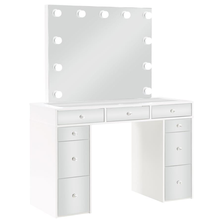 Regina Makeup Vanity Table Set with Lighting – White Finish, 9 Drawers, Mirrored Fronts, Crystal Knobs, Gray Upholstered Stool, Bedroom Vanity