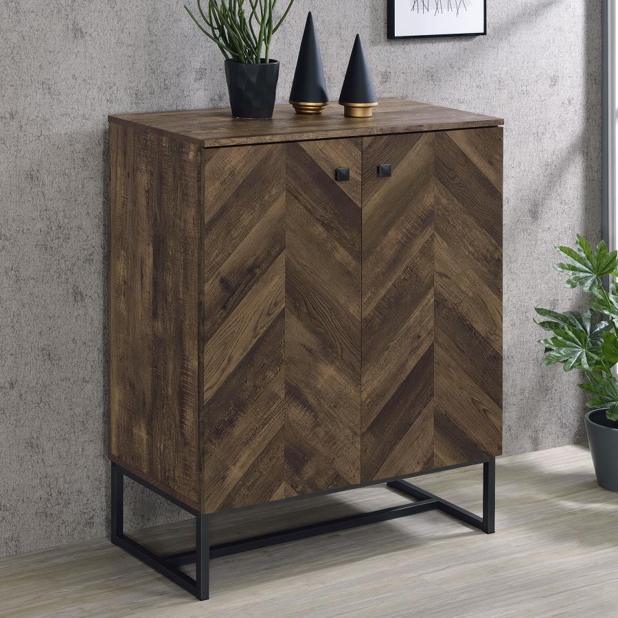 Carolyn - 2 Door Engineered Accent Wood Cabinet - Rustic Oak with Herringbone Pattern Doors, Metal Base, Scratch-Resistant Laminate & Storage