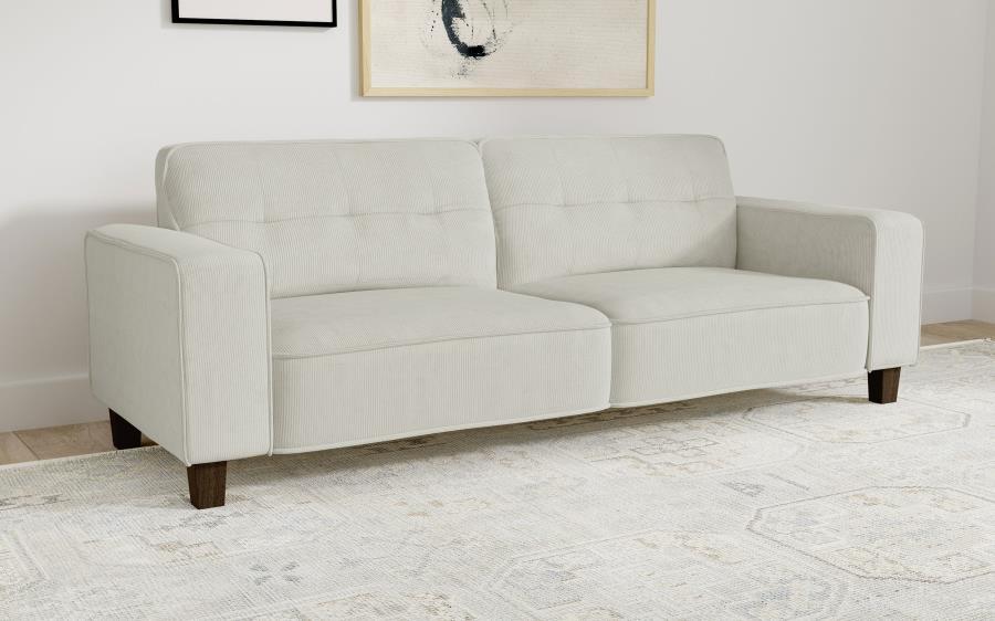 Deerhurst Upholstered Track Arm Tufted Sofa in Greige – 80.5-Inch Modern Sofa with Plush Cushions, Corduroy Texture, and Tapered Legs for Stylish Living