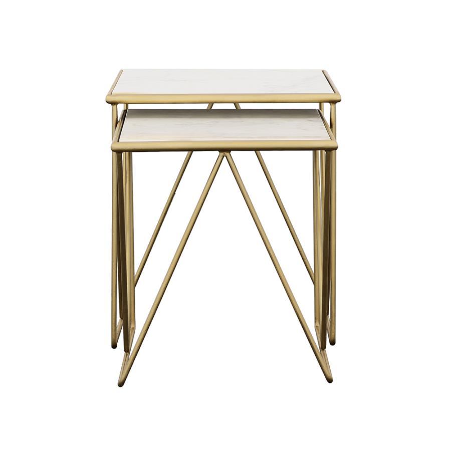 Bette 2 Piece Marble Top Nesting Table Set – White Marble with Gold Iron Base, Modern Glam Rectangular Accent Tables, Contemporary Living Room Decor