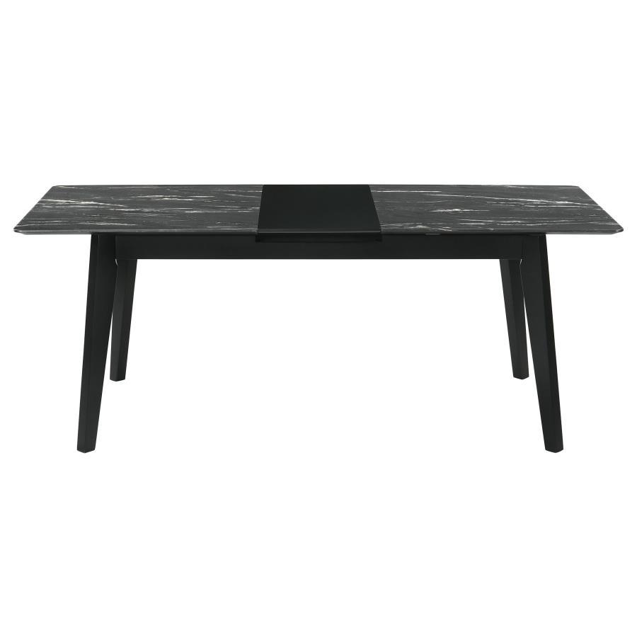 Crestmont Extension Dining Table – Faux Marble Top, Black Finish, Self-Storing Leaf, Sleek Modern Design, 62.5" x 36.25" x 30"